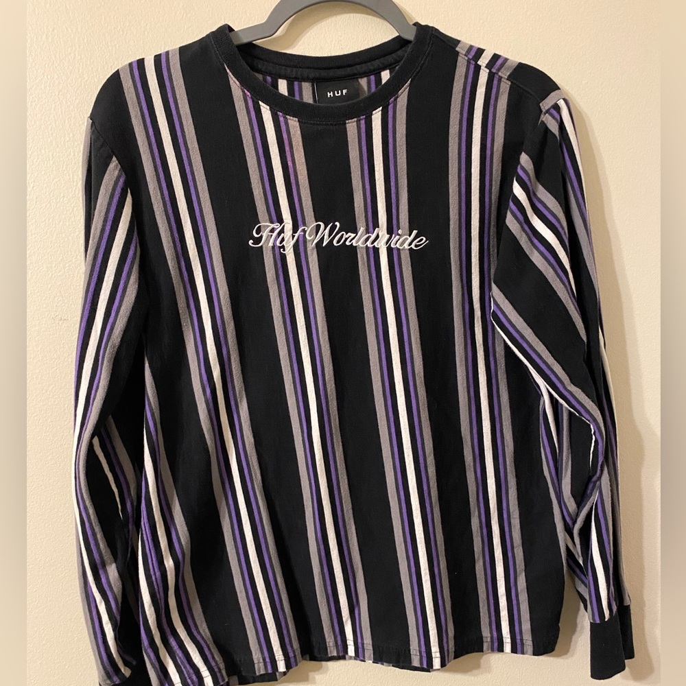 Mens Black Purple Stripe Huf Worldwide Long Sleeve Pullover Size Medium